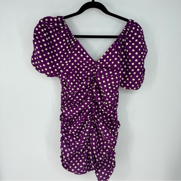 Zara Purple Polka Dot Cotton Linen Pin Up Rockabilly Puff Sleeve Mini Dress - Picture 3 of 4